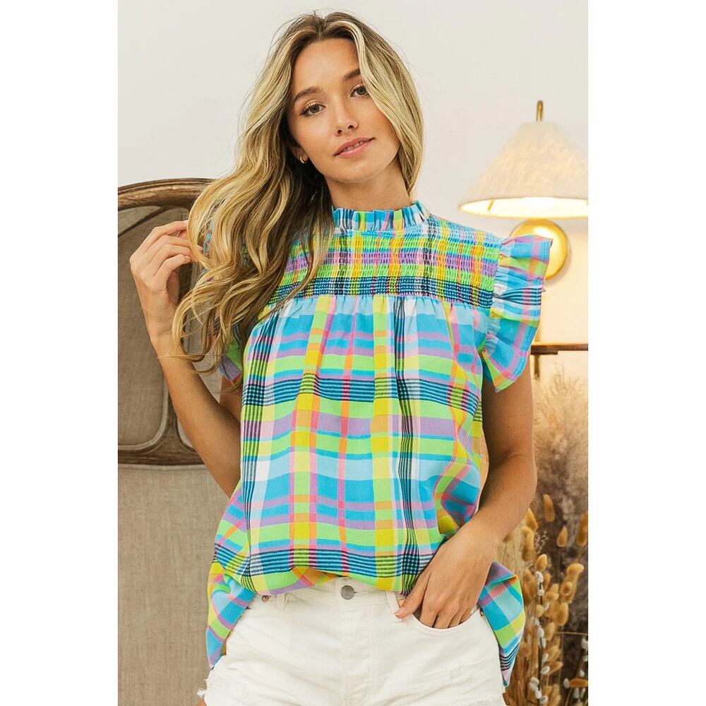 Check Plaid Ruffle Short Sleeve Woven Smocked Top in Blue and Yellow